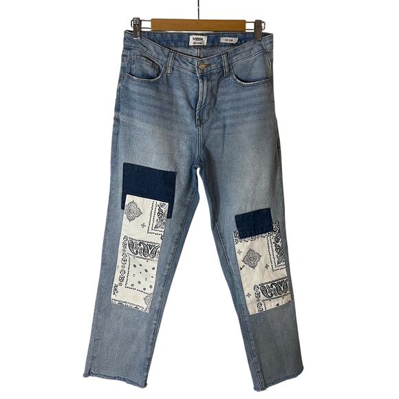 Kensie Blue Patchwork Jeans Women’s Size 6 / 28 Frayed Hem Denim - Picture 1 of 15
